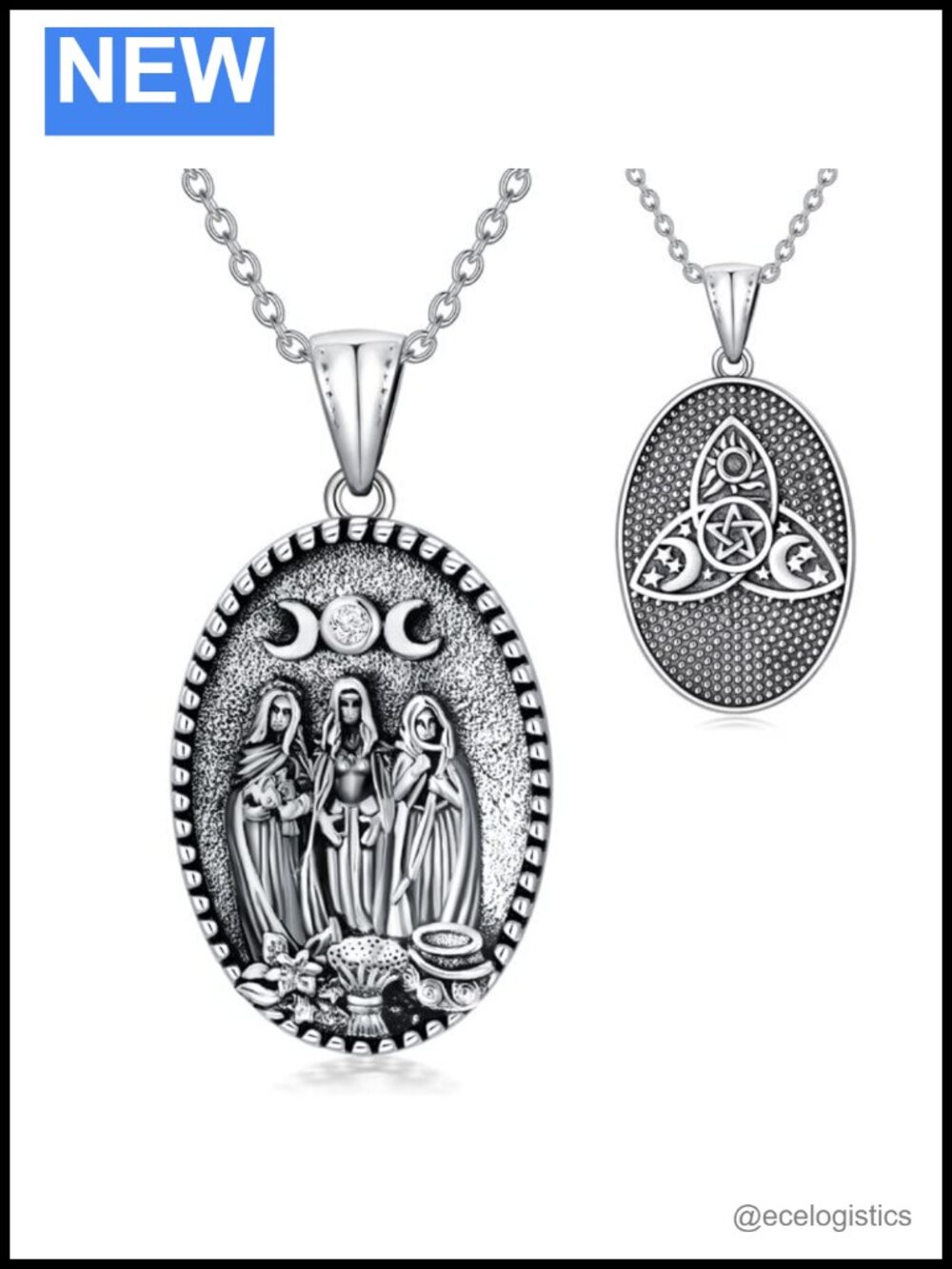Sterling Silver Triple Moon Goddess Necklace Crystal Wiccan Pendant